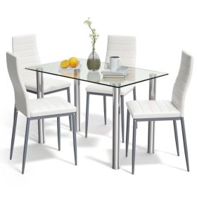 Modern 5-Piece Dining Set with Glass Top Table and 4 White PVC Leather Chairs Modern 5-Piece Dining Set with Glass Top Table and 4 White PVC Leather Chairs